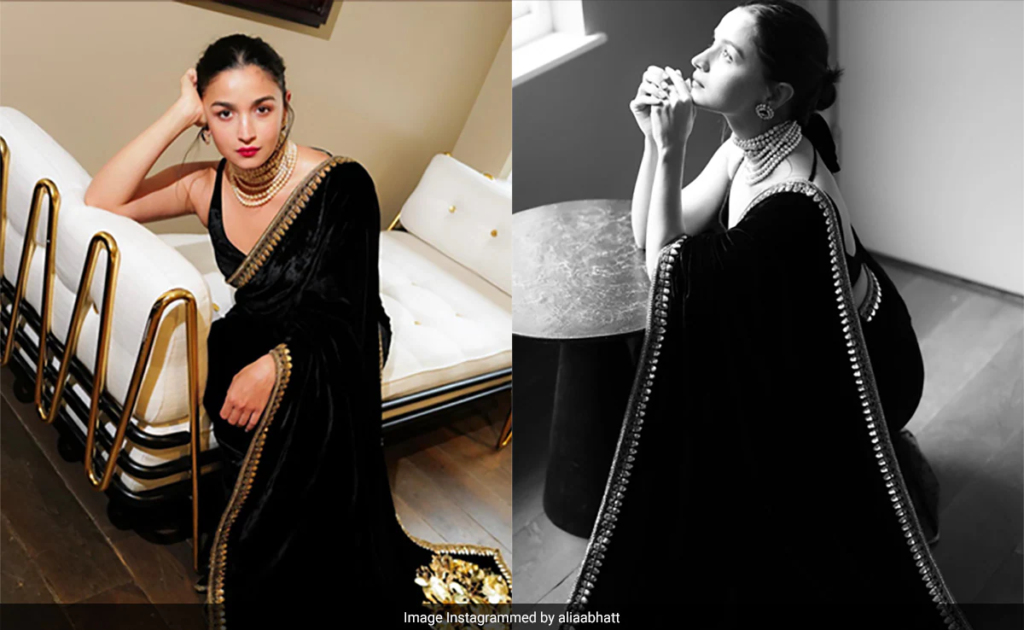 "Alia Bhatt Stuns London Audience in Elegant Black Velvet Saree at Exclusive Poacher Screening"